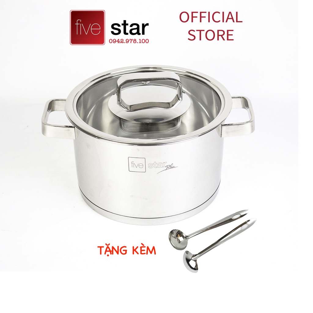 Nồi inox 304 Fivestar 3 đáy quai vuông 16cm / 20cm / 24cm nắp kính , tặng 2 vá canh