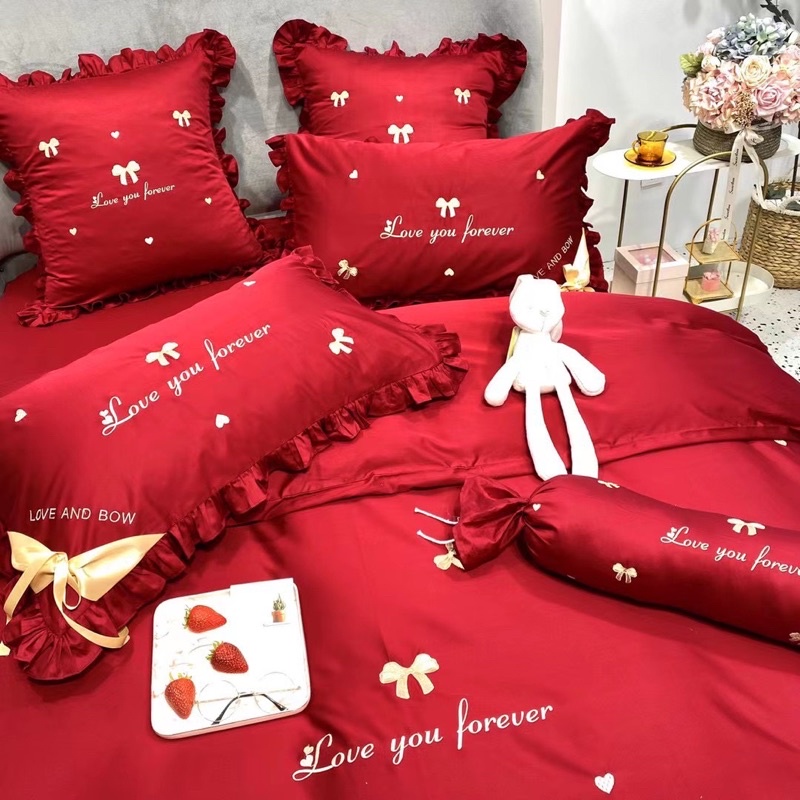 Bộ chăn ga gối Lụa thêu 60s tone đỏ cho ngày cưới 7 món