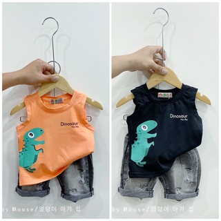 Set áo ba lỗ khủng long + quần jeans đen bé trai cotton 4 chiều siêu mềm