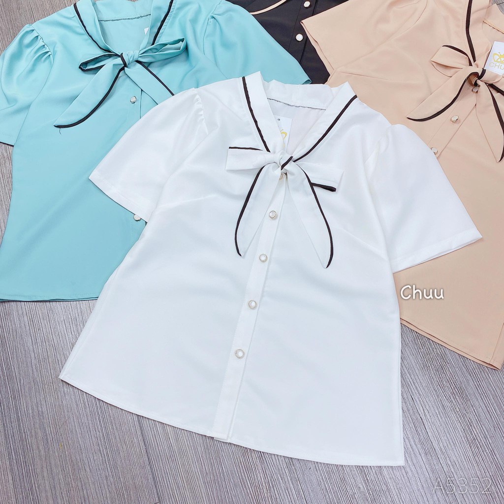[ Mã WASTRUN4 giảm 10% tối đa 30K đơn 99K] Áo sơ mi nữ công sở tay ngắn cổ nơ vải mát CHUU A5352 | BigBuy360 - bigbuy360.vn