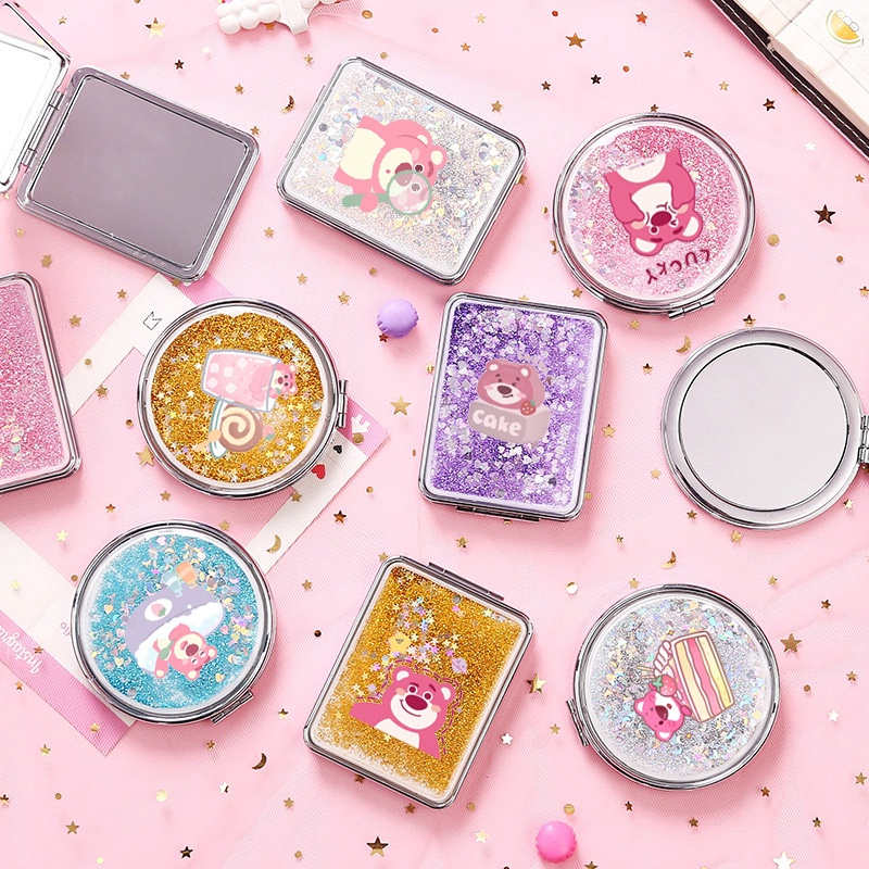Gương nước chảy kim tuyến gấu dâu tây lotso in hình GNI45 gương 2 mặt cáo lina thỏ stella nomo duck DF friends
