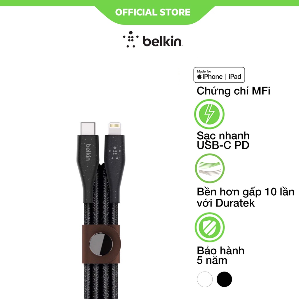 Cáp sạc nhanh USB Type C -  Lightning BOOST↑CHARGE Belkin 30W 1.2M siêu bền với DuraTek kèm dây da - Bảo hành 5 năm