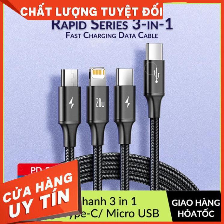 Cáp Sạc 3 Đầu Baseus Rapid Series 3-in-1, Sạc Nhanh PD 20W Cổng Type-C to Type C / Lightning / Micro USB