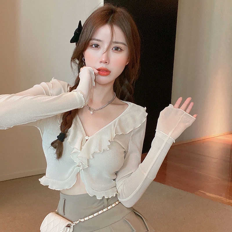 COZOKC COZOK Áo cardigan dệt kim COZOK tay dài phối bèo kiểu dáng thời trang