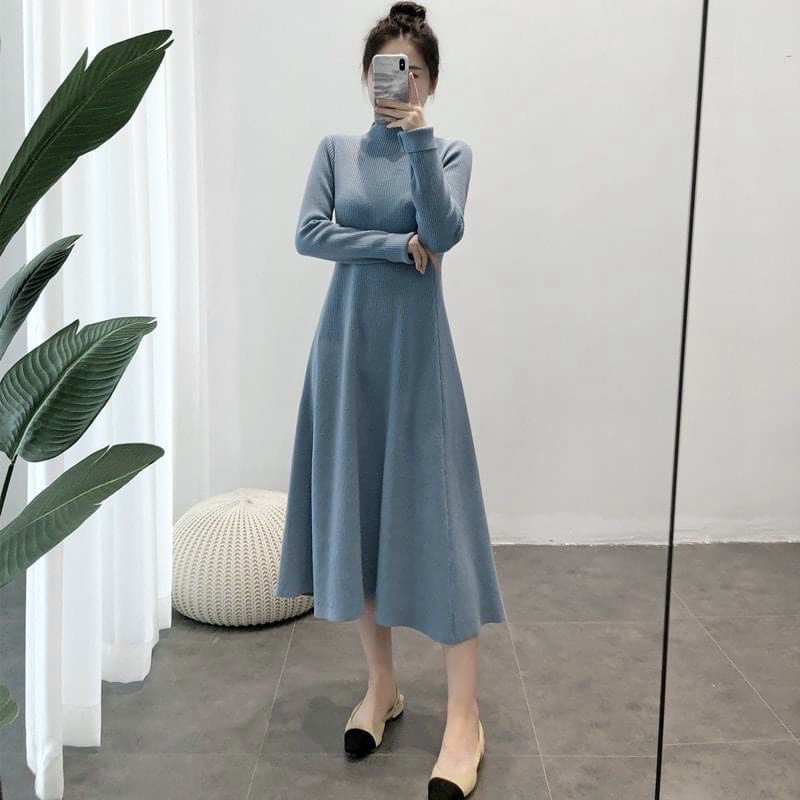 VNU468 VÁY NỮ DÀI TAY XOÈ TRƠN DÁNG DÀI PHỐI SƯỜN MẢNH CỔ 3P