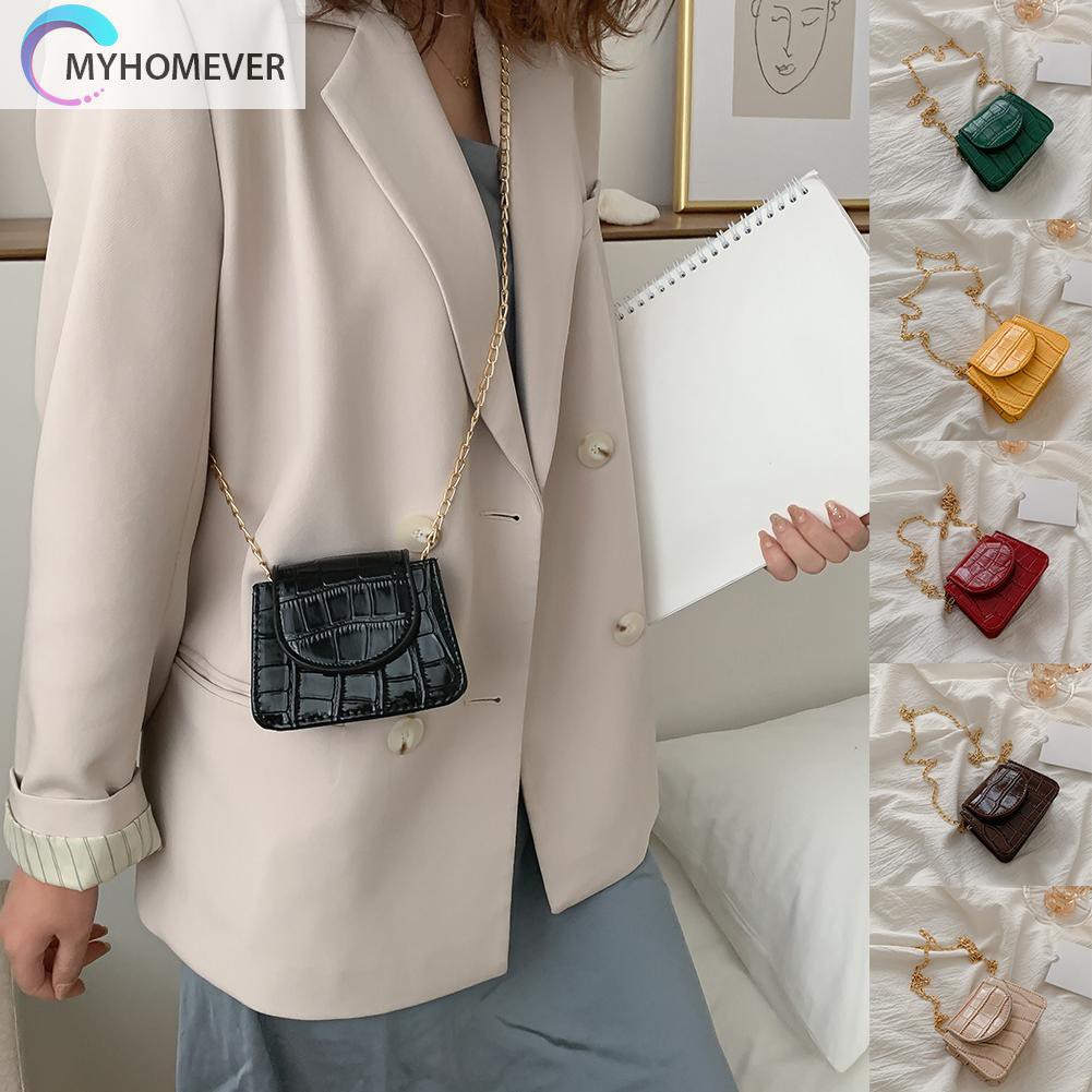 Túi Da Mini Màu Trơn Có Dây Xích Đeo Chéo Dành Cho Bạn Nữ