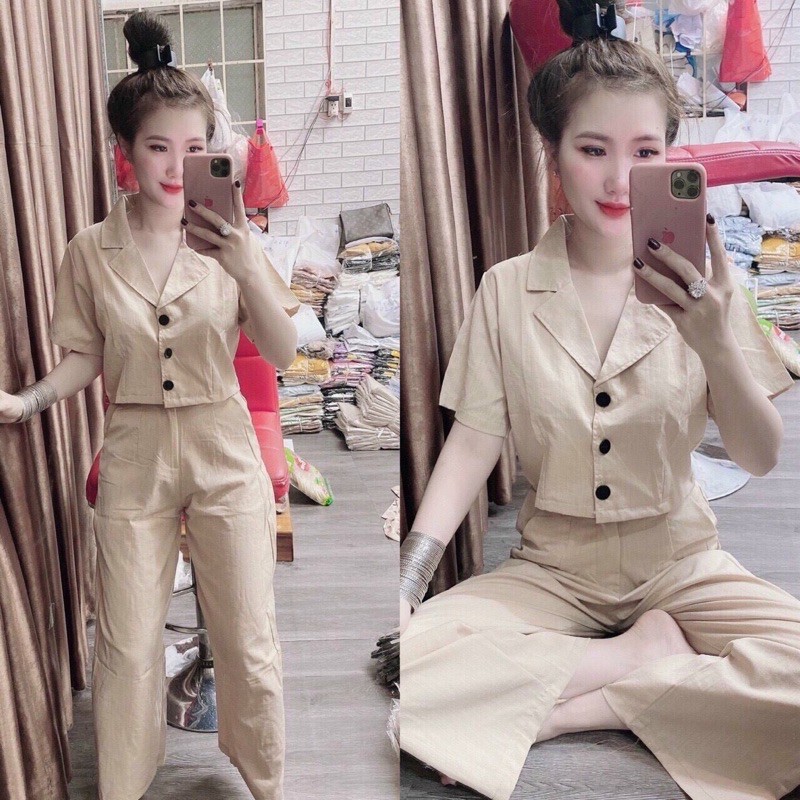 Sét bộ ống rộng áo dạng vest có 3 nút siêu xinh