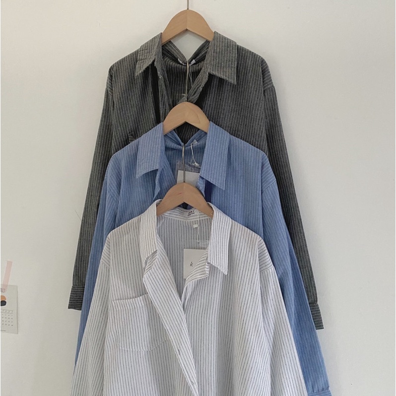 Áo sơ mi kẻ nữ vạt chéo tay dài from rộng - ảnh thật