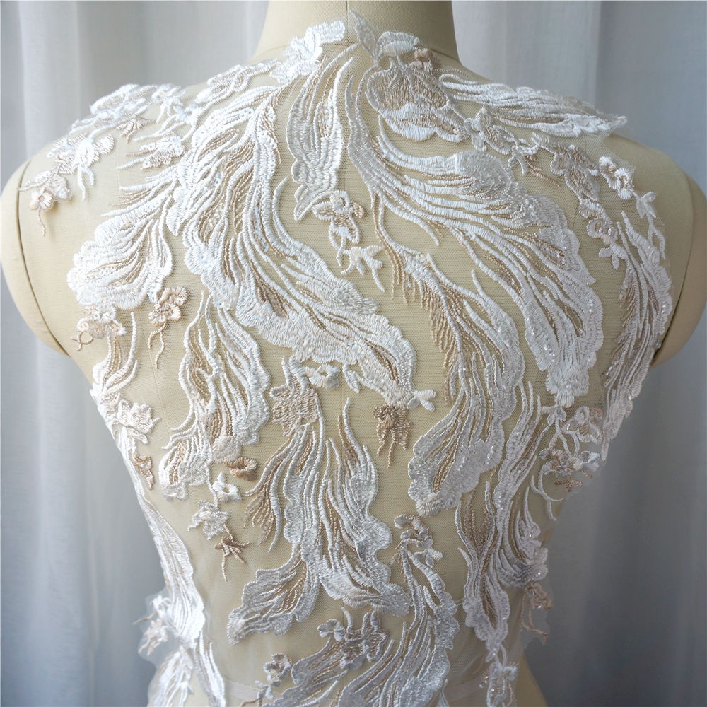 Vải Ren Thêu Hoa Đính Kim Sa Cỡ Lớn Màu Sâm Panh Dùng May Váy Cưới diy