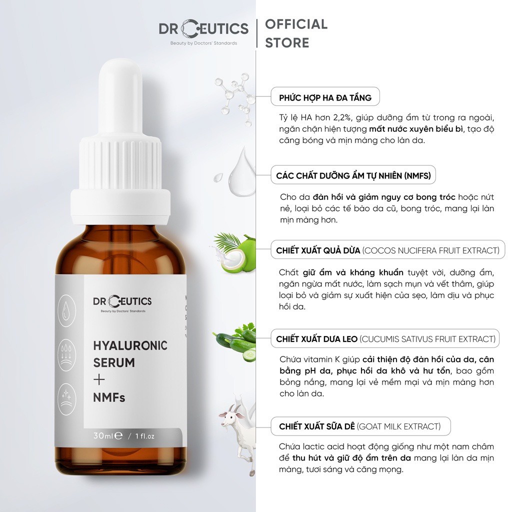 Serum HA DrCeutics Cấp Ẩm, Căng Bóng Da Hyaluronic Acid + NMFs và HA Basic Drceutics Cho Da Dầu, Mụn (30ml)