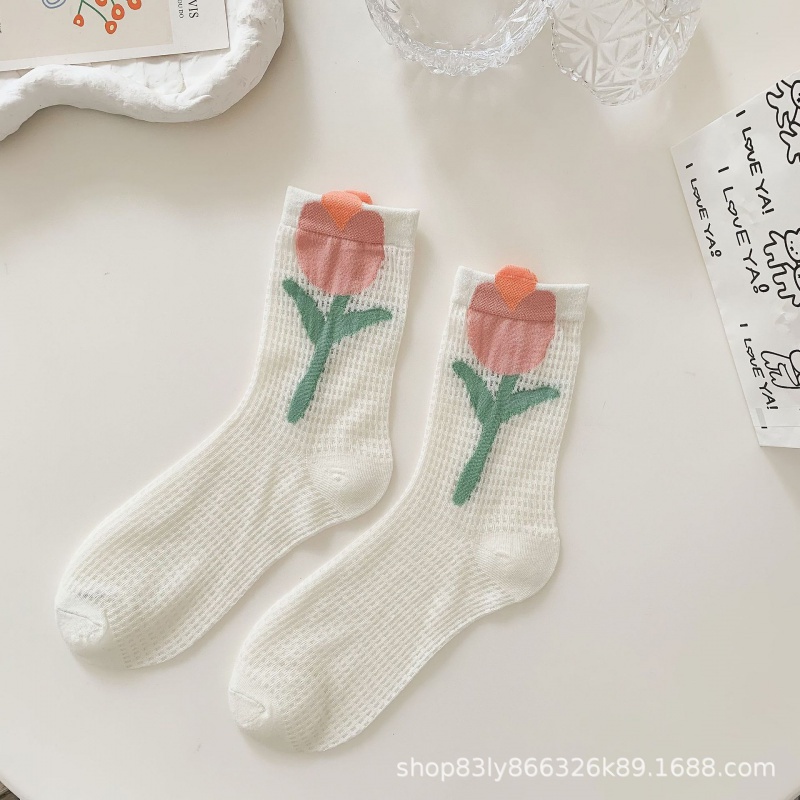 Vớ Lưới Cổ Vừa Thoáng Khí Họa Tiết Hoa Tulip Dễ Thương Phong Cách Nhật Bản Thời Trang Mùa Hè Cho Nữ