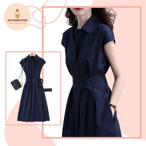 Váy sơ mi xanh than cộc tay thắt eo