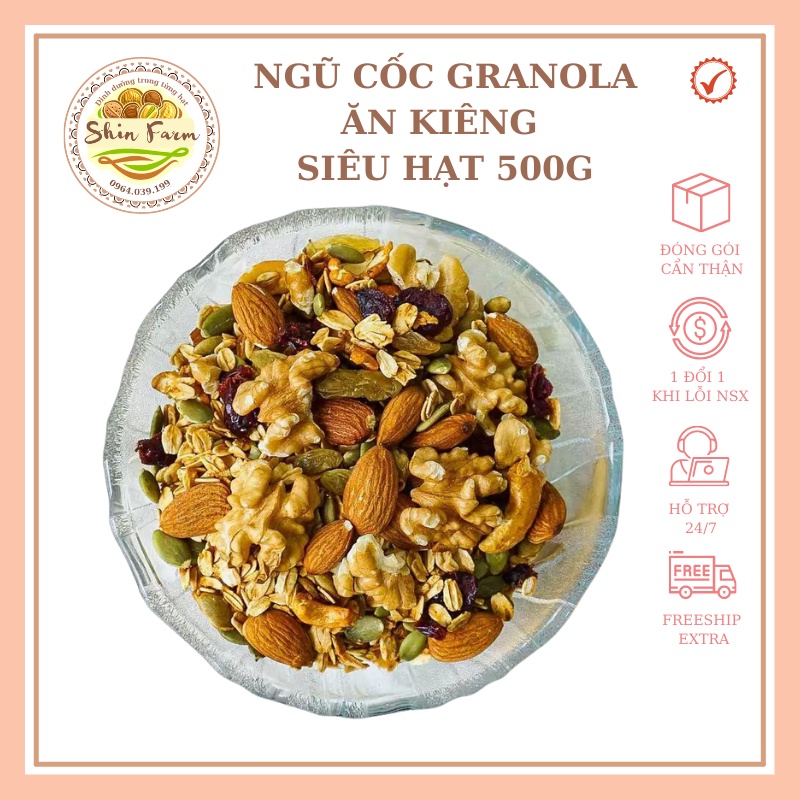 Ngũ cốc giảm cân Granola siêu hạt Không Yến Mạch sấy dinh dưỡng hộp 500Gr Shin Farm ngũ cốc ăn sáng