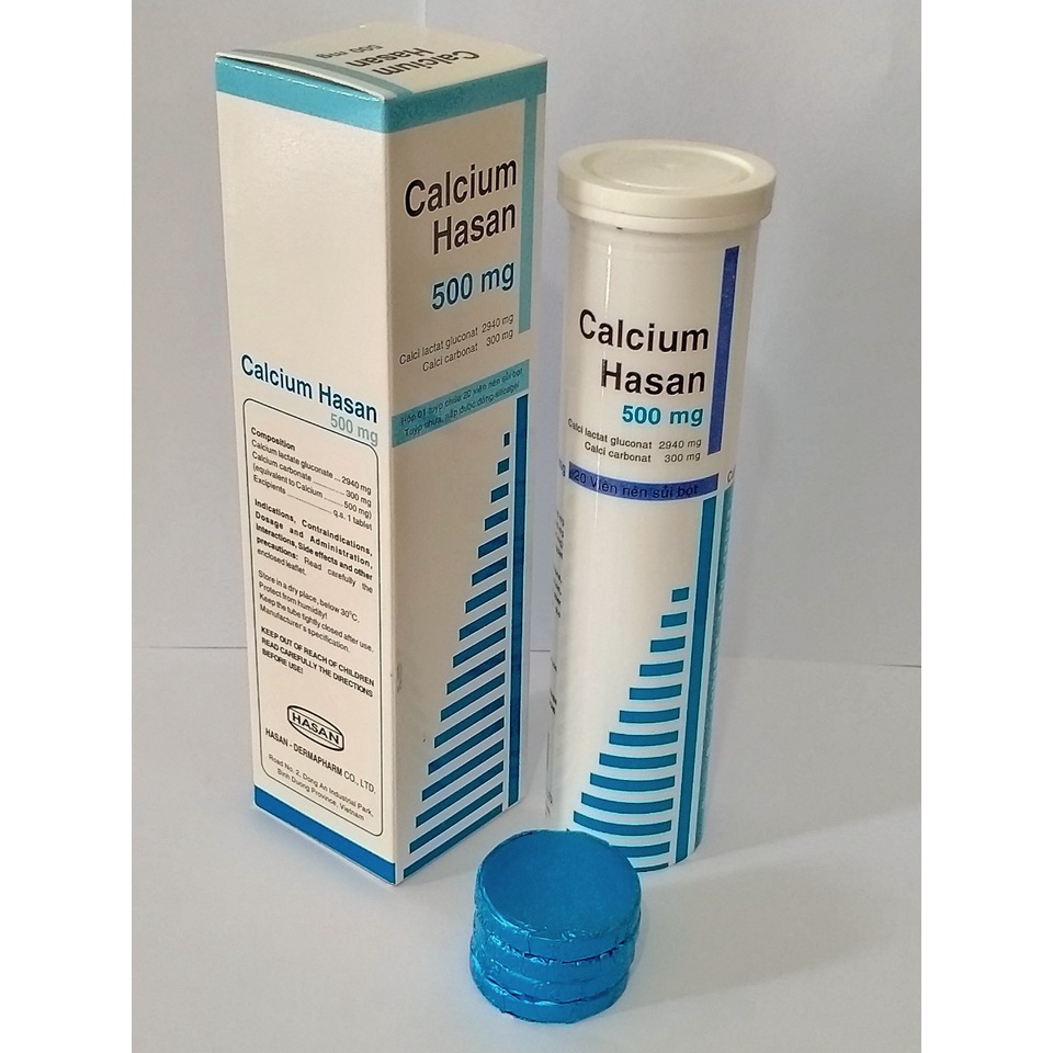 CALCIUM HASAN 500 MG Tub 20 viên sủi bổ sung Canxi cho cơ thể, hỗ trợ trong trường hợp loãng xương, còi xương