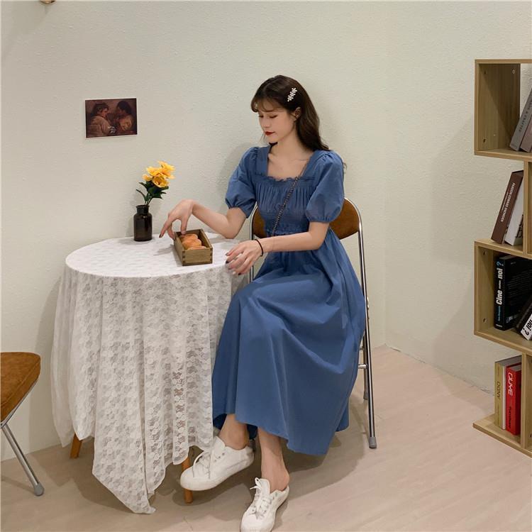 Váy Retro cổ vuông tay áo phồng xuất xứ Quảng Châu mới váy dài mỏng - 3 màu xanh nhạt, xanh đậm, đen
