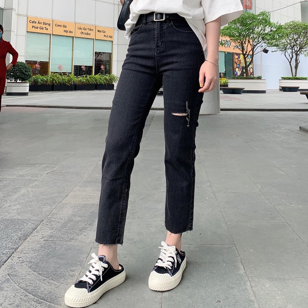 201058 Quần boots cut jeans ulzzang cho nữ form ôm loe nhẹ tôn dáng màu đen có rách | BigBuy360 - bigbuy360.vn