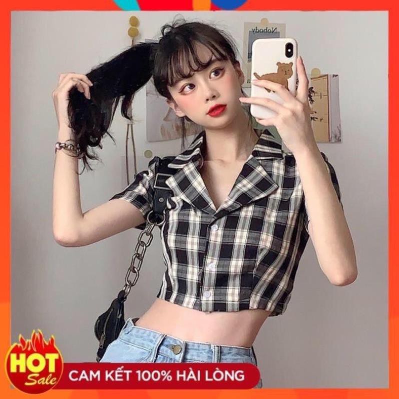 Áo Croptop Cổ Vest Sơ Mi Caro Kẻ Sọc Ngang Tay Ngắn Đi Làm Đi Học DRACR74