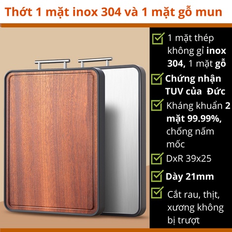 Thớt 2 mặt inox 304, gỗ mun dày kháng khuẩn cao cấp siêu bền chống nấm mốc đến 99% -THEA