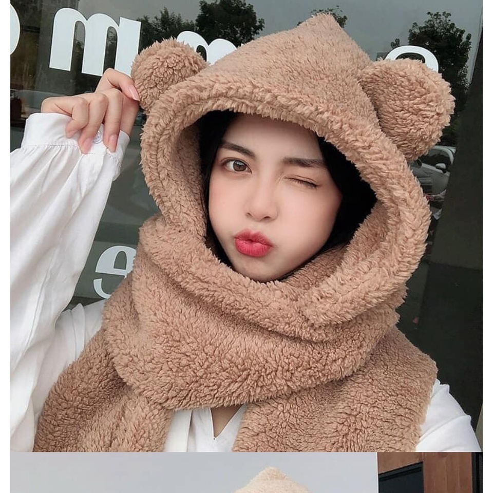 Mũ lông cừu tai gấu kèm khăn quàng cổ và bao tay 3 in 1 ấm áp mềm mại