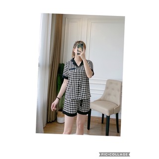 Bộ mặc nhà pyjama lụa kẻ ziczac