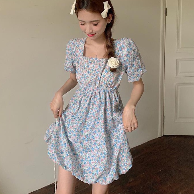 Đầm Dáng Chữ a Tay Phồng Cổ Vuông In Họa Tiết Hoa Phong Cách Pháp Thời Trang Mùa Hè Mới