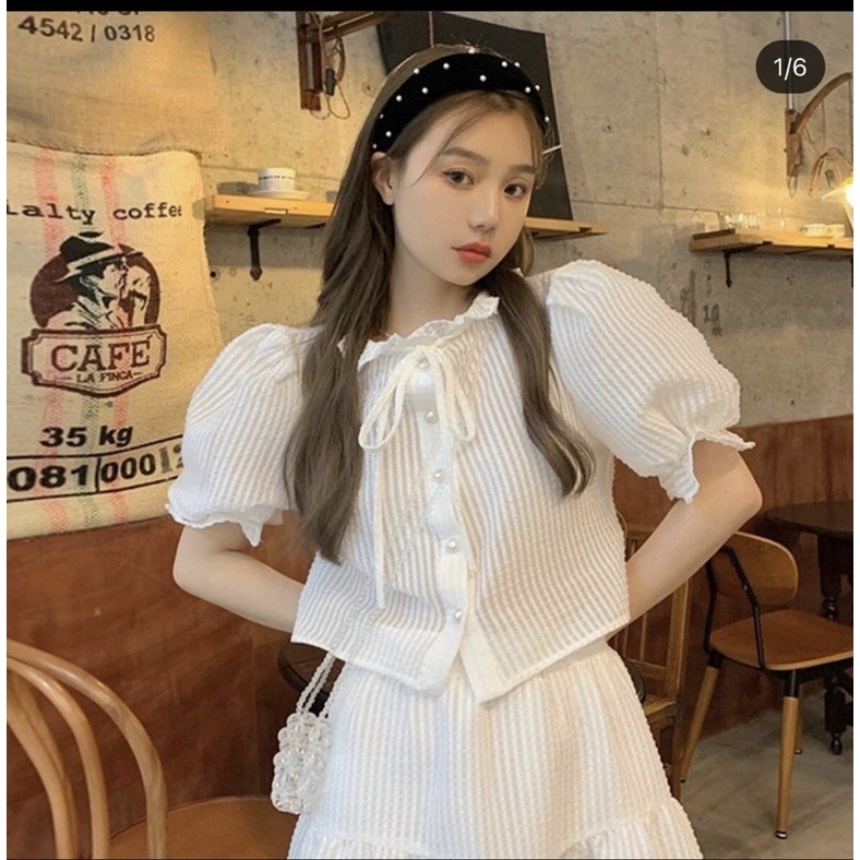 Đầm dự tiệc 🌷Set váy trắng kèm áo sơ mi tay phồng màu trắng