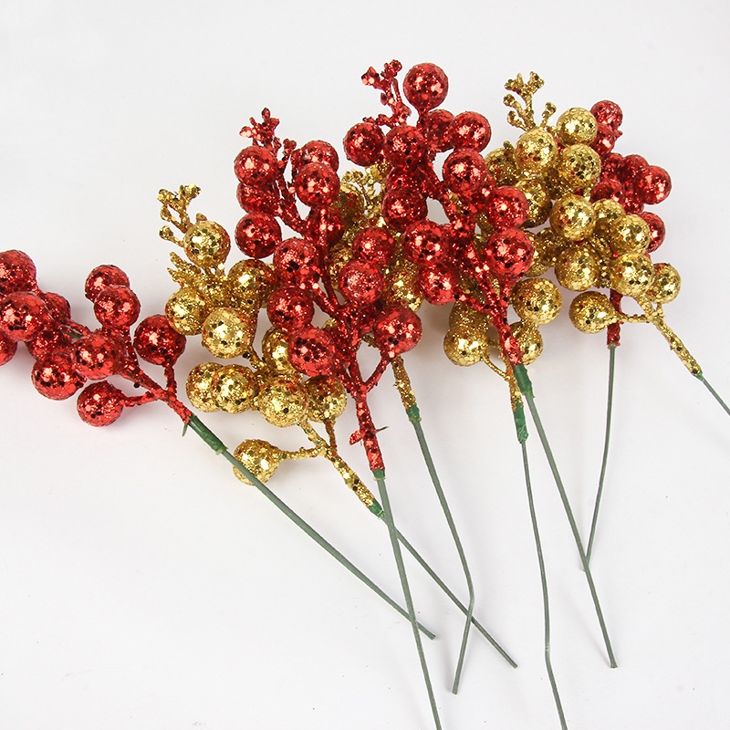 Nhánh Quả Cherry 15 Đầu Màu Vàng / Bạc Nhân Tạo Treo Cây Thông Giáng Sinh / Năm Mới