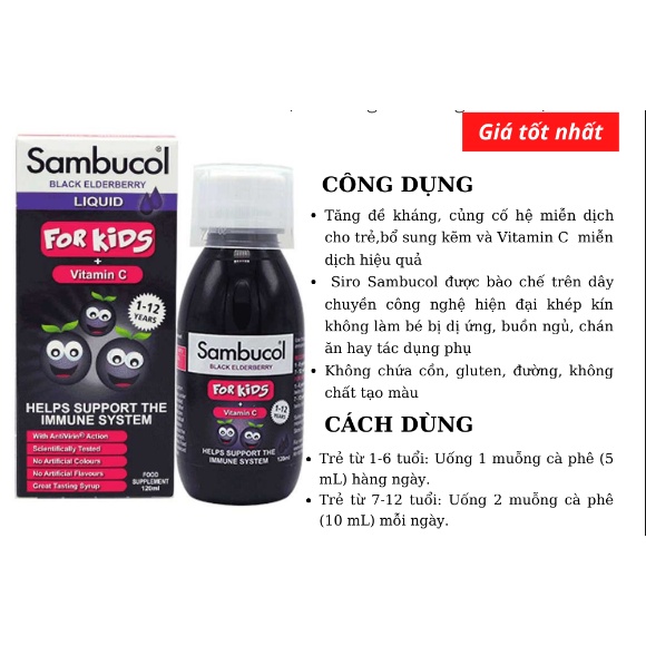 Siro chính hãng Sambucol giàu Vitamin C, Kẽm tăng đề kháng dành cho bé từ 1-12 tuổi 120ml