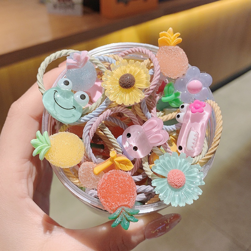 Dây Buộc Tóc Cao Su Co Giãn Phối Lưới Họa Tiết Trái Cây Hoạt Hình Đơn Giản Vui Nhộn Phong Cách Hàn Quốc Cho Bé Gái