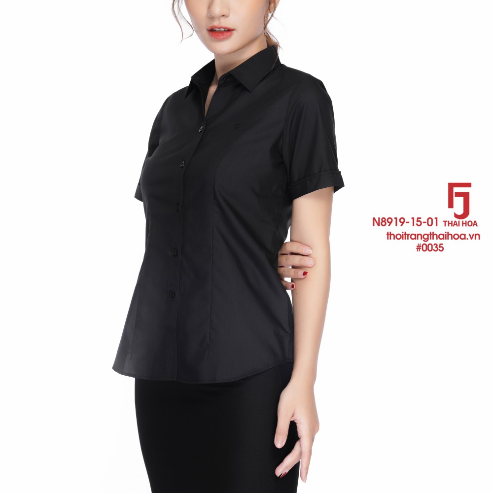 Áo sơ mi nữ công sở đen ngắn tay cao cấp kiểu bigsize sợi tre Thái Hoà N8919-15-01