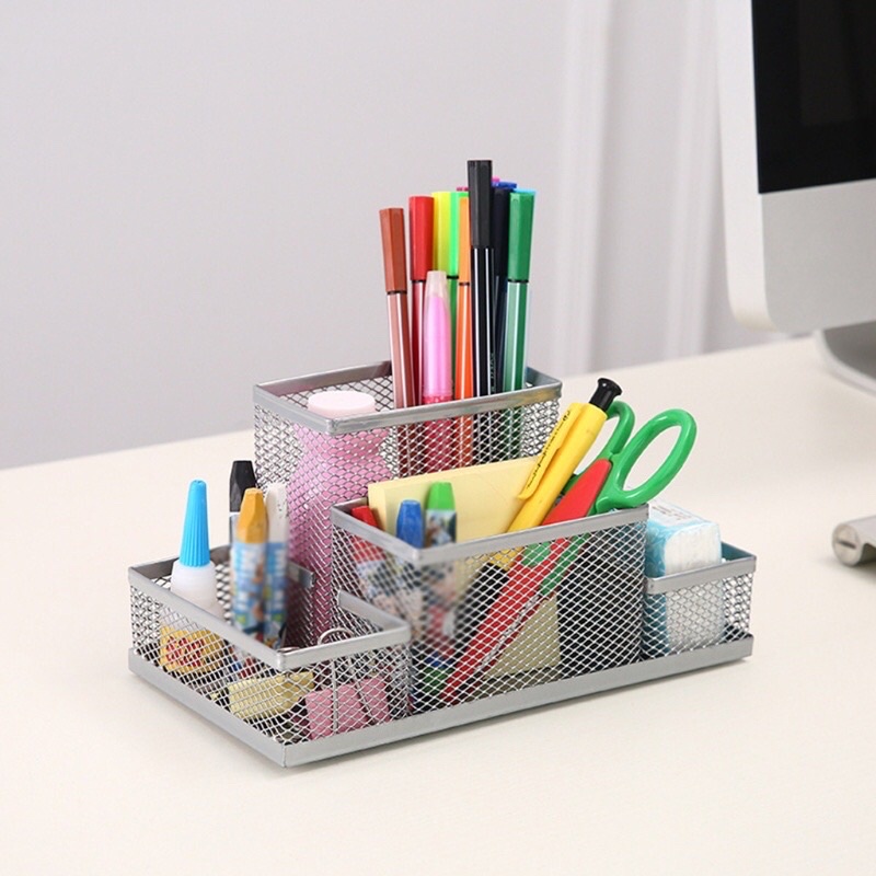 Khay đựng bút bằng kim loại, giá đựng đồ đa năng 4 ngăn để bàn