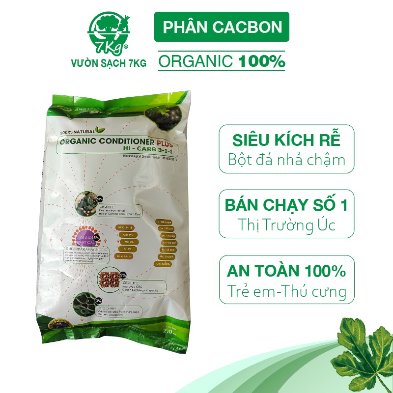 Phân bón hữu cơ CACBON Úc túi 2kg, kết hợp than sinh học dinh dưỡng thường xuyên cho rau sạch, cây ăn trái, hoa hồng lan