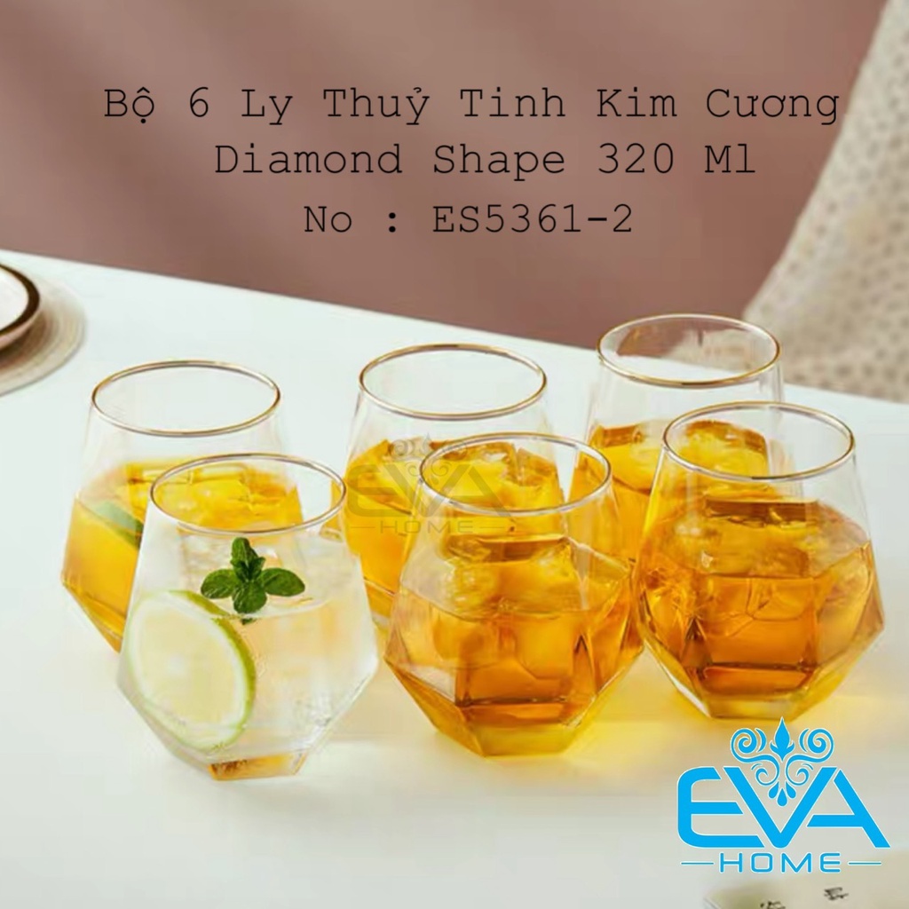 Bộ 6 Ly Thuỷ Tinh Kim Cương Lục Giác Chịu Nhiệt Deli 320ML Diamond Shape Wiskey Glass Deli ES5361-2