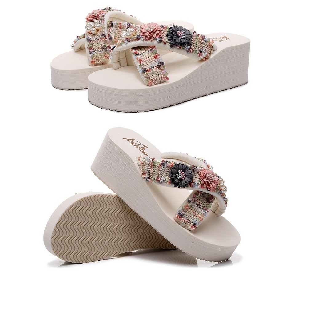 (SẴN HÀNG) Dép Nữ Đế Xuồng Cao Quai Chéo Đính Hoa/ Sandal Thời Trang 6Cm 3CM