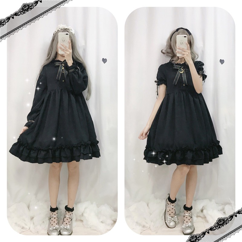 [CÓ SẴN DÀI TAY. Kèm ảnh thật] Váy babydoll cổ bèo thắt nơ phối ren tay bồng Lolita | BigBuy360 - bigbuy360.vn