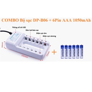 Combo bộ sạc pin 6 khe đa năng + 6 pin sạc aaa 900 mah doublepow