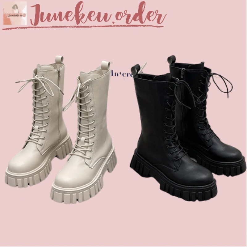 Giày Boot ulzzang bốt nữ cao cổ buộc dây kéo khóa đế cao 6cm màu đen/kem | BigBuy360 - bigbuy360.vn