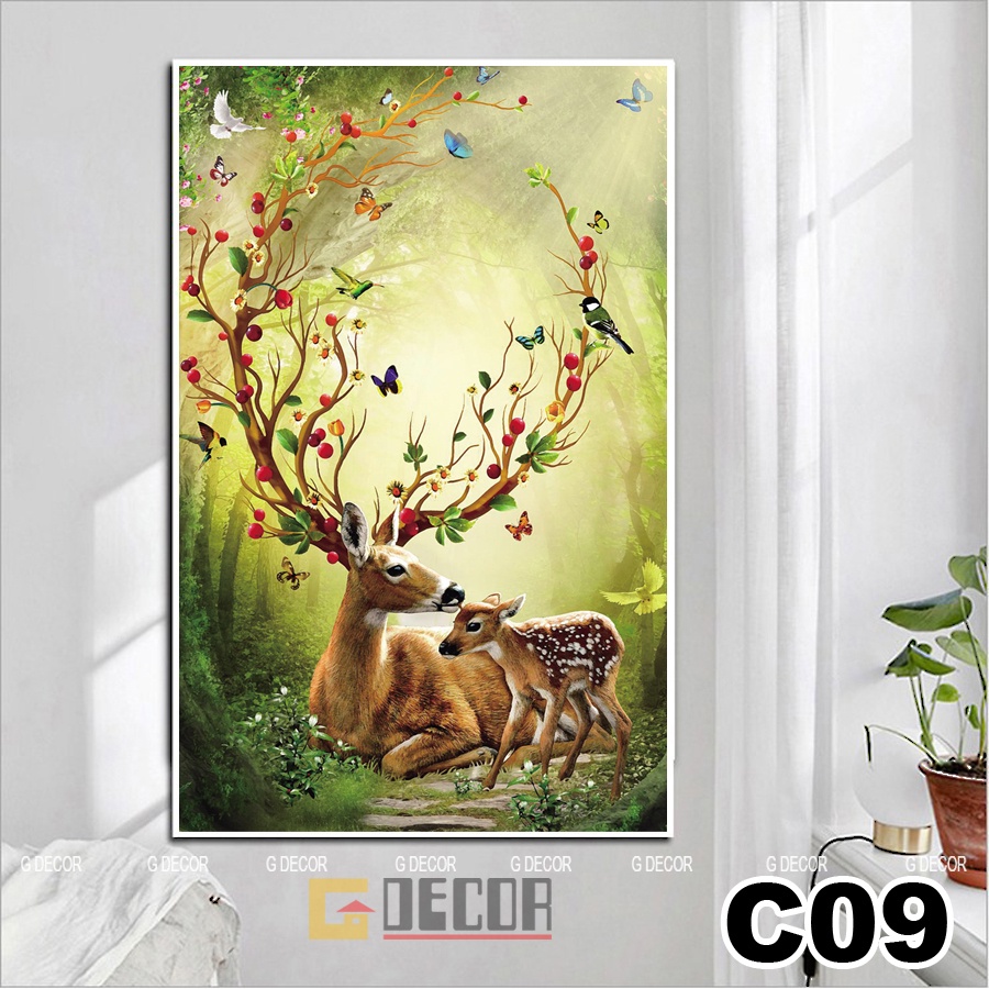 Tranh treo tường canvas 1 bức phong cách hiện đại Bắc Âu C05, tranh hươu tài lộc trang trí phòng khách, phòng ngủ, spa