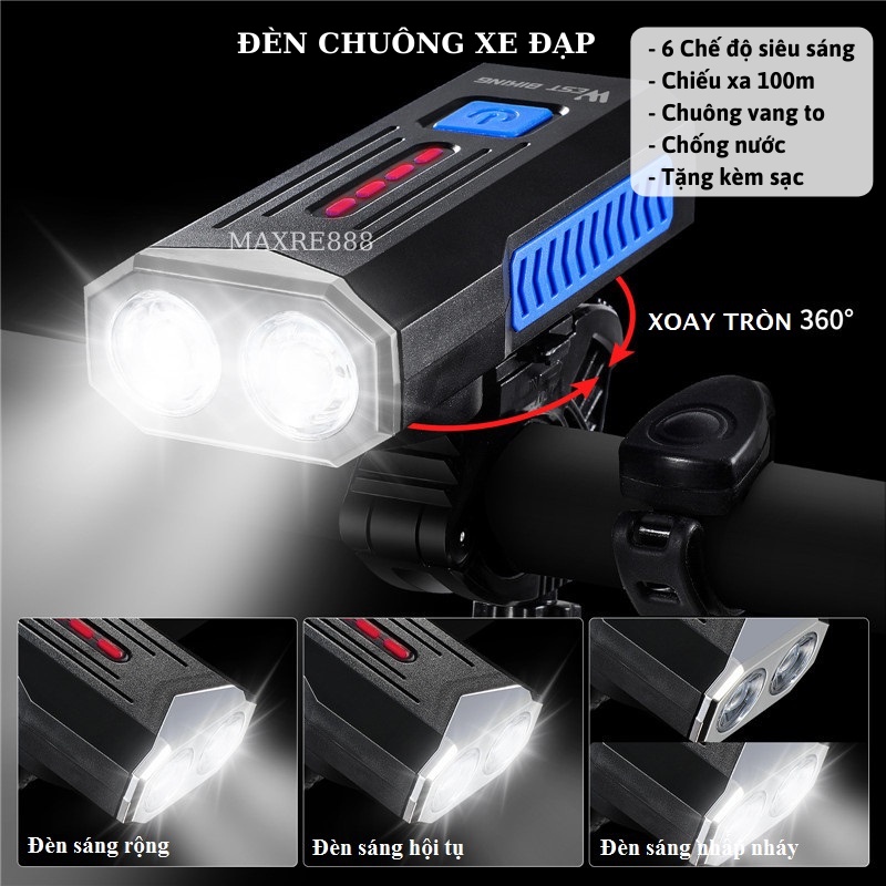 Đèn Xe Đạp Xe Máy LED LY22 Cảnh Báo An Toàn Chống Thấm Nước Gắn Trước Sau Xe Đạp Cao Cấp-có còi pin sạc usb led