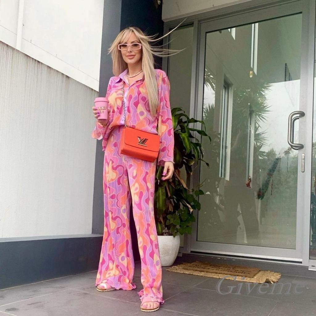 Set 2 Món Áo Sơ Mi Tay Dài In Họa Tiết Hoa/Sân Cây Phối Quần Dài Dáng Rộng Thời Trang Cho Bạn Gái