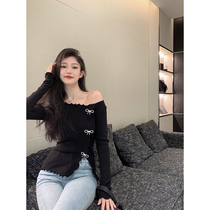 Áo sweater dệt kim tay dài đính nơ xinh xắn thời trang phong cách Hàn Quốc cho nữ