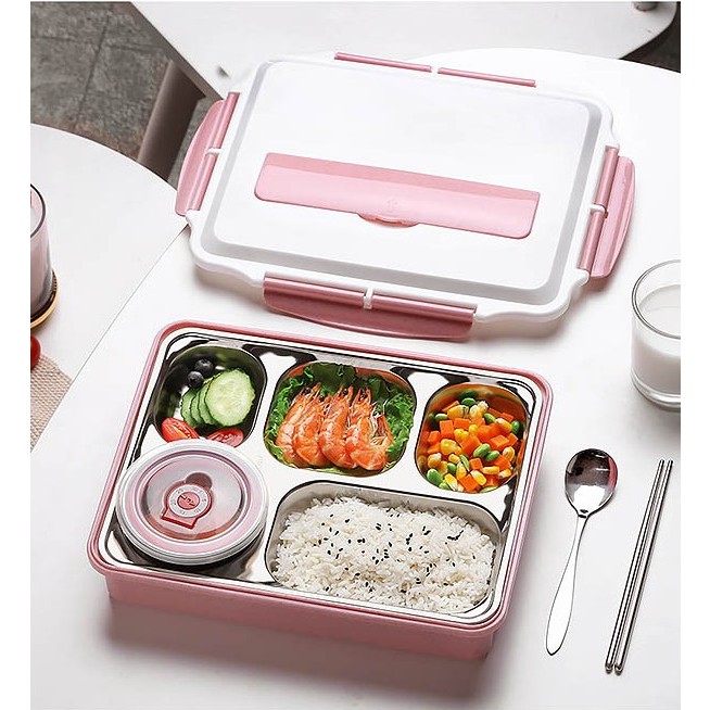 [TẶNG KHĂN LAU] Hộp Đựng Cơm 5 Ngăn Khay Inox Lunch Box Có Nắp Đậy Cao Cấp + Kèm Đũa Thìa + 1 Bát Con Có Nắp Tiện Dụng