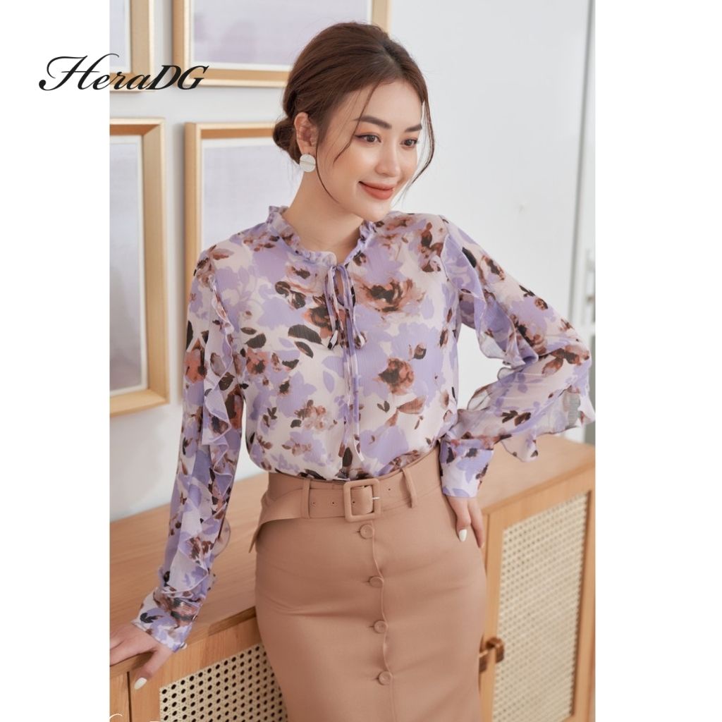 Áo Sơ Mi Công Sở Nữ HeraDG Thiết Kế Cổ Bèo Dài Tay Họa Tiết Hoa Thời Trang, Chất Vải Chiffon Mềm Nhẹ SAKBA020