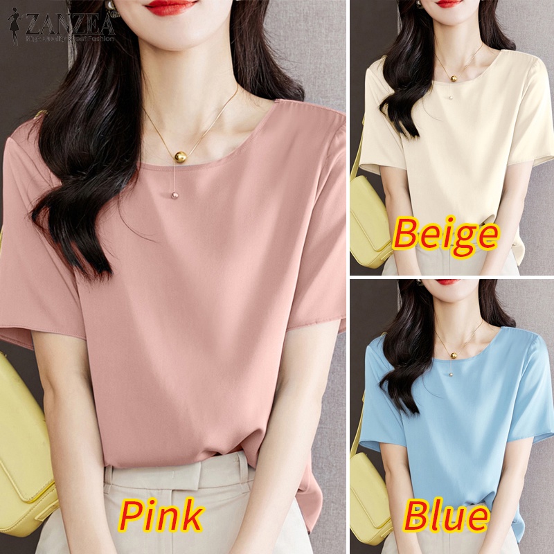 ZANZEA Áo Sơ Mi Vải Satin Tay Ngắn Cổ Tròn Màu Trơn Thời Trang Cho Nữ