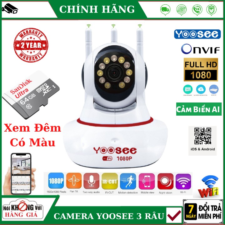 Camera Wifi Yoosee 3 râu 2.0 MPX - FullHD , 11 led Xem đêm có màu , cảm biến AI thông minh , đàm thoại 2 chiều