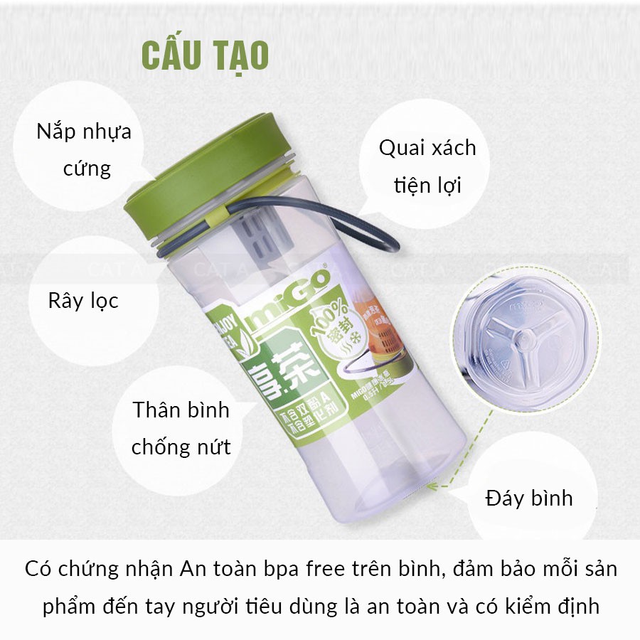 Bình đựng nước, bình nước bằng Nhựa BPA FREE MIGO Cao cấp - 1522 - An toàn, trong suốt, có rây lọc, quai xách