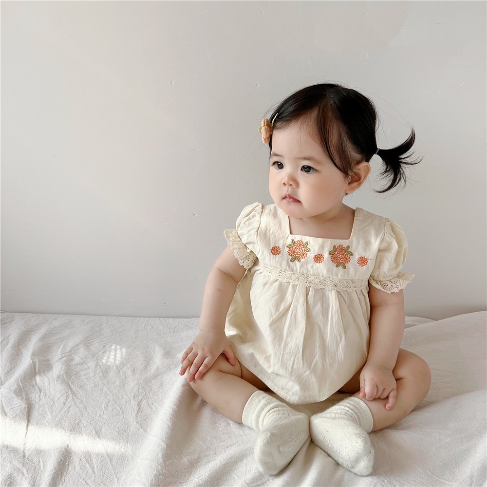 Đầm Công Chúa Ngắn Tay Thêu Hoa Cho Bé Gái