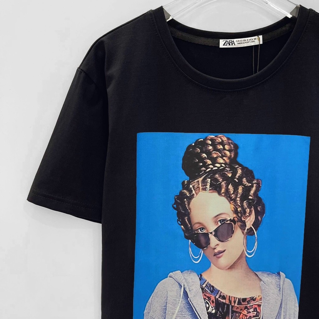 ÁO THUN ZARA VNXK HỌA TIẾT CÔ GÁI ĐEN - COTTON 100% 4C FORM CHÂU ÂU