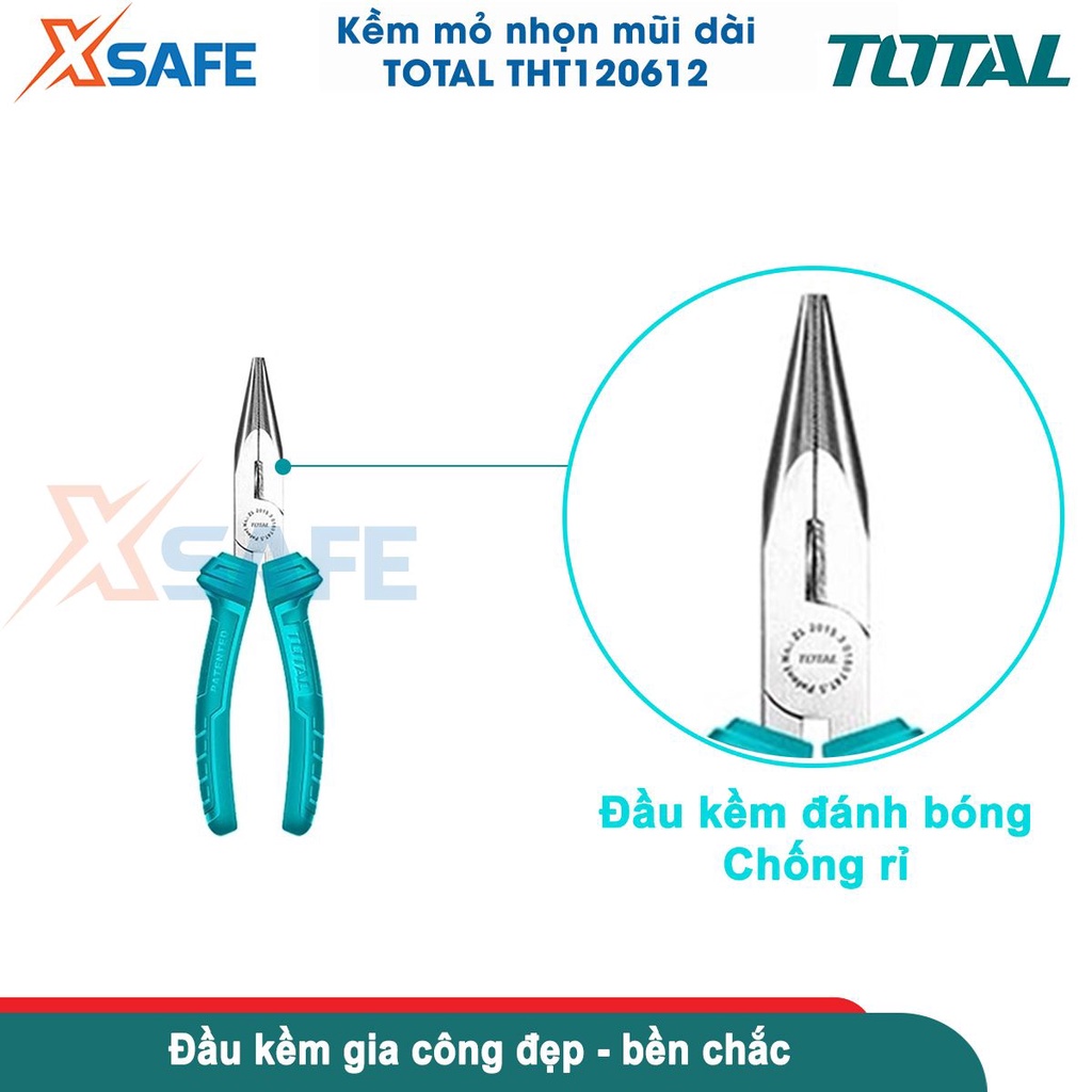 Kìm mũi nhọn mỏ dài TOTAL THT120612 6inch/160mm, đầu kềm đánh bóng, chống rỉ, tay cầm cầm nắm chắc chắn - CHÍNH HÃNG