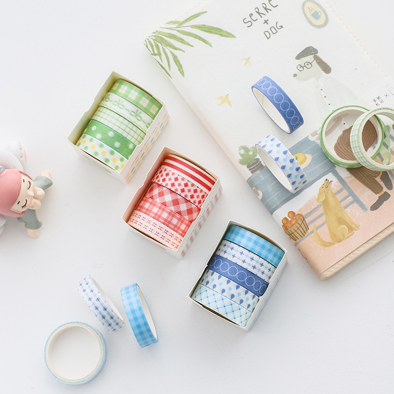Hộp 5 cuộn băng keo washi trang trí sổ tay DIY đơn giản xinh xắn